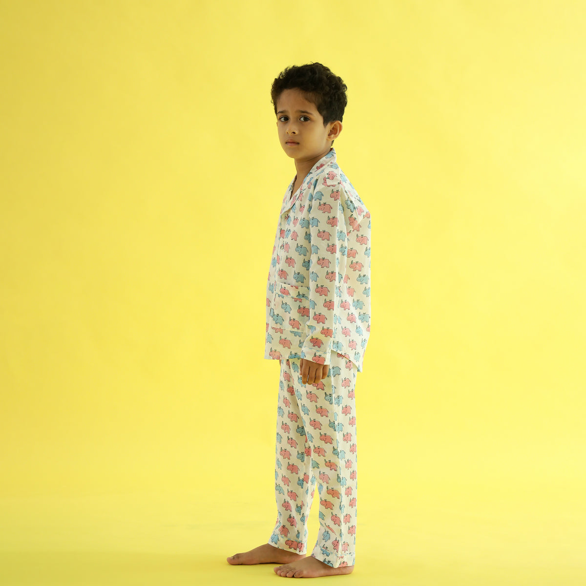 Parade of Elephants Design Hand Block Printed Cotton Night Suit for Boys