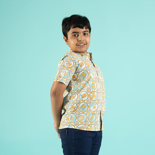 Melody Makers Design Hand Block Printed Cotton Half Sleeve Shirt for Boys – Sanganeri Kids Wear