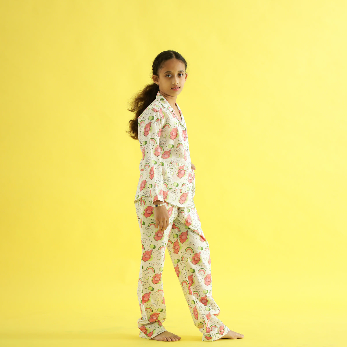 Organic Cotton Night Suit - Owl & Rainbow Print Hand Block Printed  for Girls