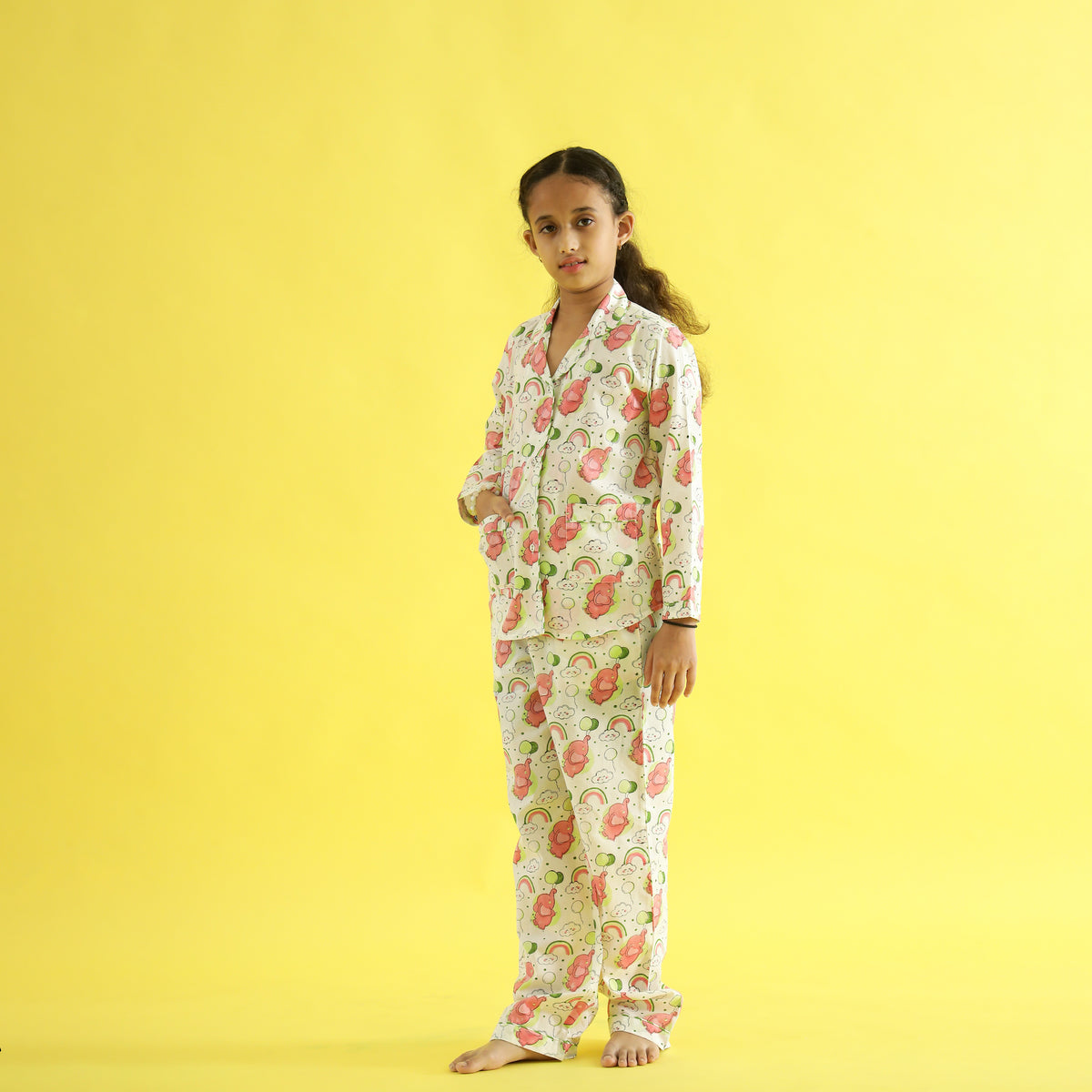 Organic Cotton Night Suit - Owl & Rainbow Print Hand Block Printed  for Girls