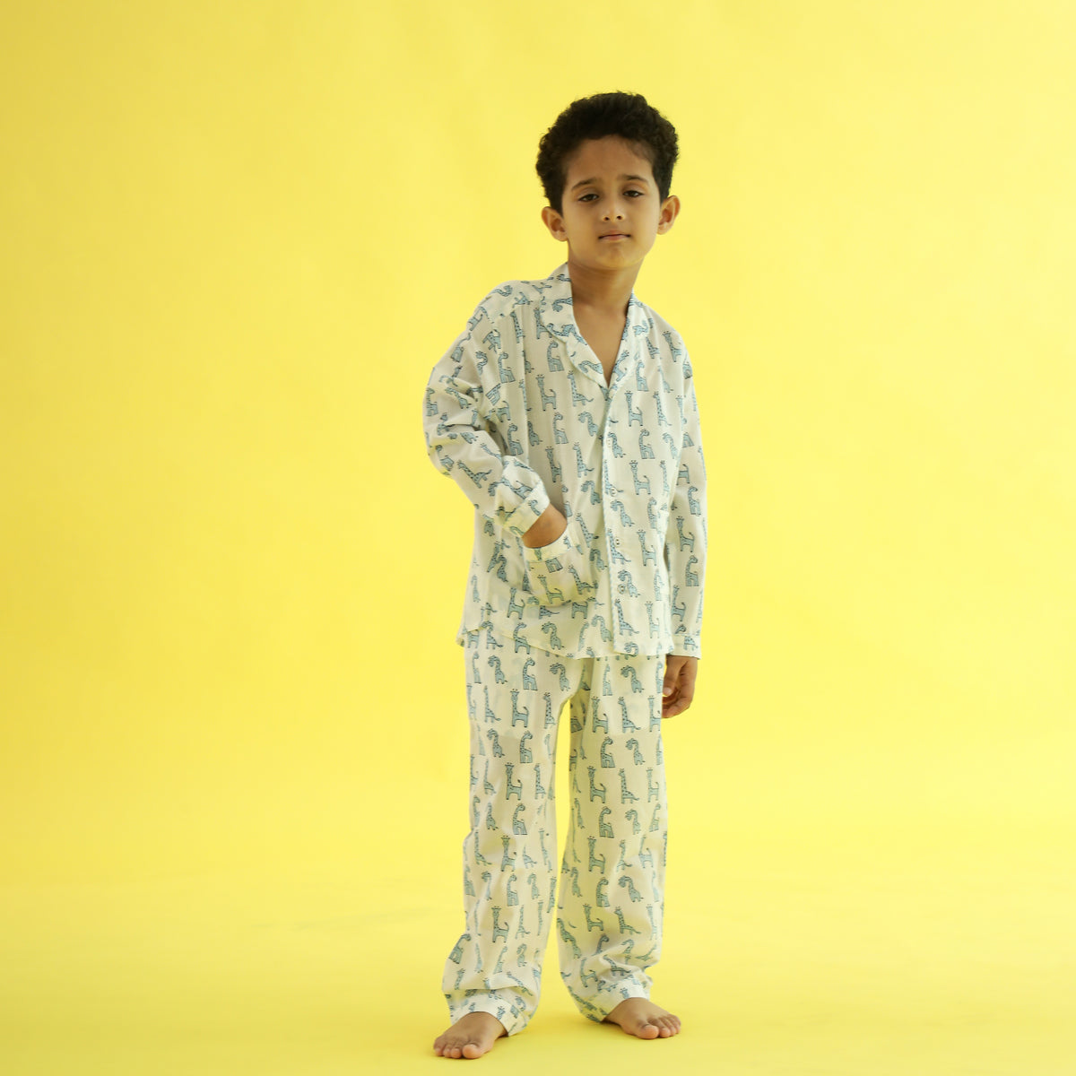 Spotty Giraffe Design Hand Block Printed Cotton Night Suit for Boys