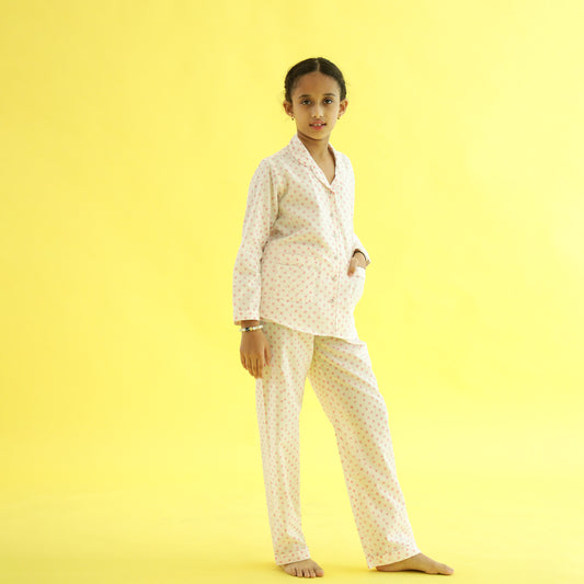 Organic Cotton Night Suit - Pretty Polka Design Hand Block Printed for Girls