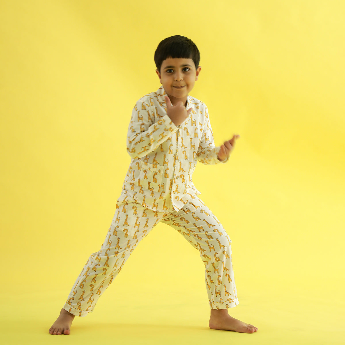 Giraffe Design Hand Block Printed Cotton Night Suit for Boys