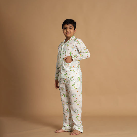 Swamp Buddies Design Hand Block Printed Cotton Night Suit for Boys