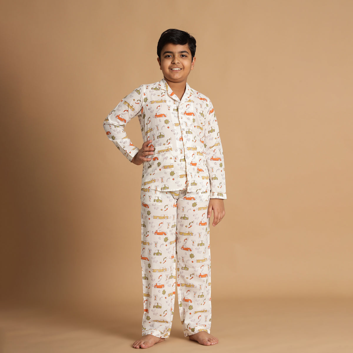 Animal Parade Design Hand Block Printed Cotton Night Suit for Boys