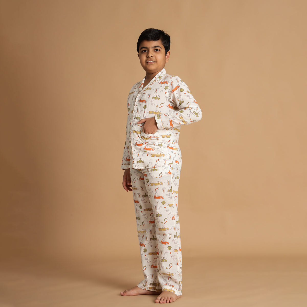 Animal Parade Design Hand Block Printed Cotton Night Suit for Boys