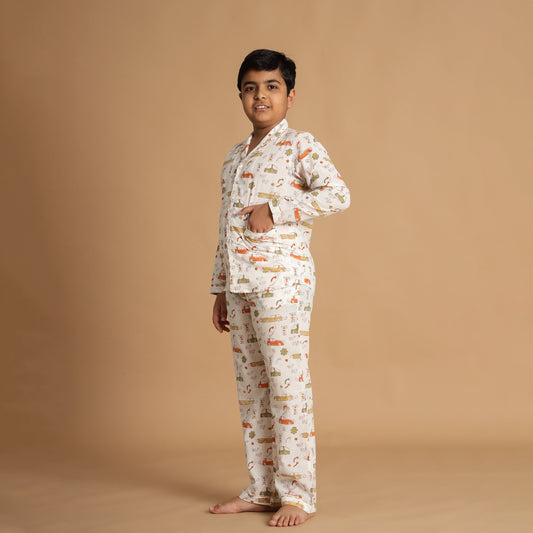 Animal Parade Design Hand Block Printed Cotton Night Suit for Boys