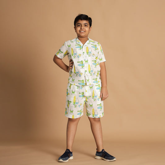 Crocodile Surfers Design Hand Block Printed Cotton Half Sleeve Shirt for Boys