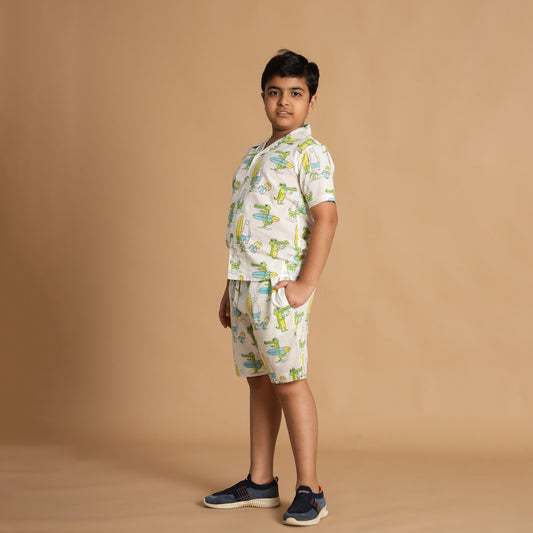 Crocodile Surfers Design Hand Block Printed Cotton Half Sleeve Shirt for Boys