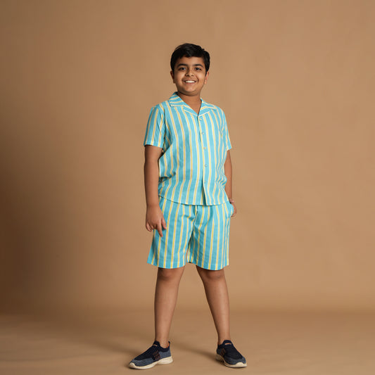 Aqua Stripe Design Hand Block Printed Cotton Half Sleeve Shirt for Boys