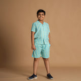 Aqua Stripe Design Hand Block Printed Cotton Half Sleeve Shirt for Boys