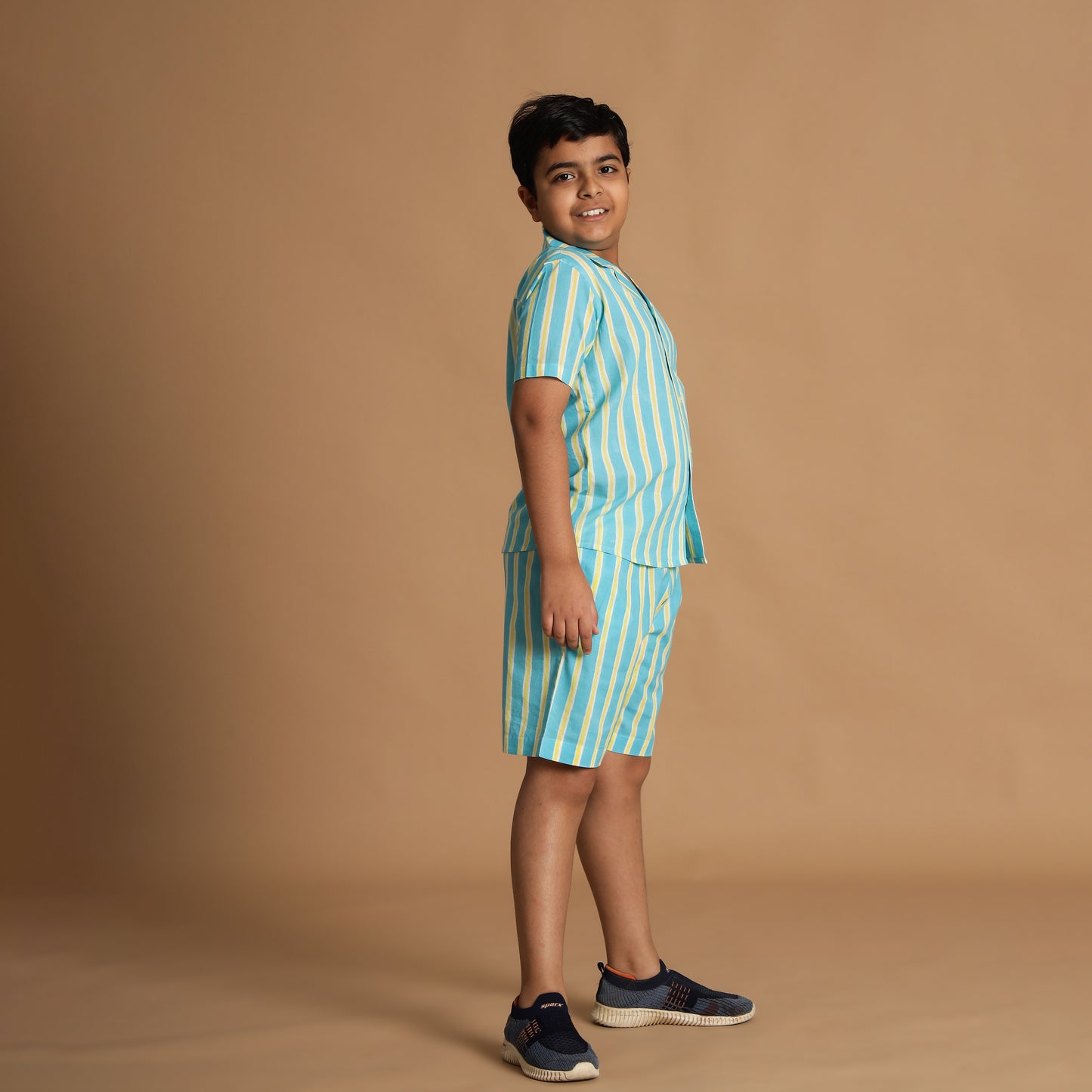 Aqua Stripe Design Hand Block Printed Cotton Half Sleeve Shirt for Boys