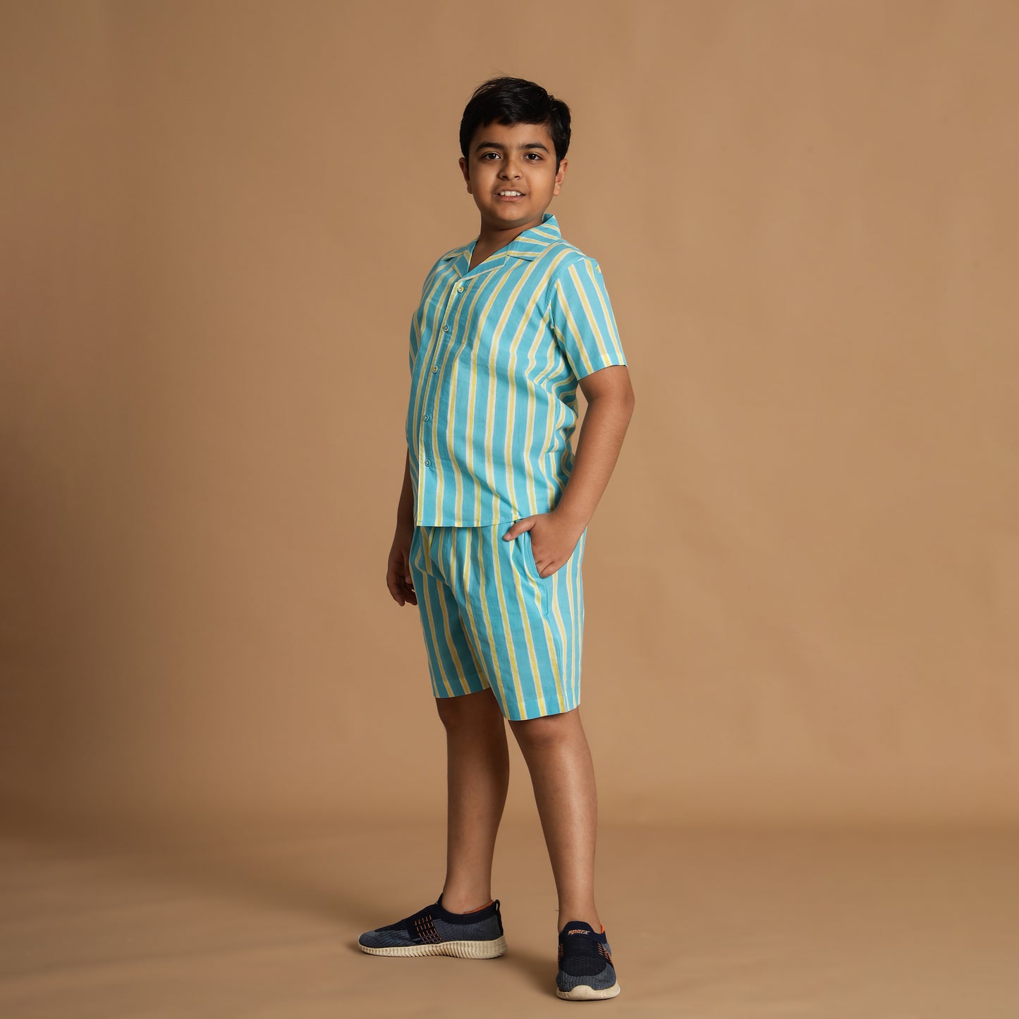 Aqua Stripe Design Hand Block Printed Cotton Half Sleeve Shirt for Boys