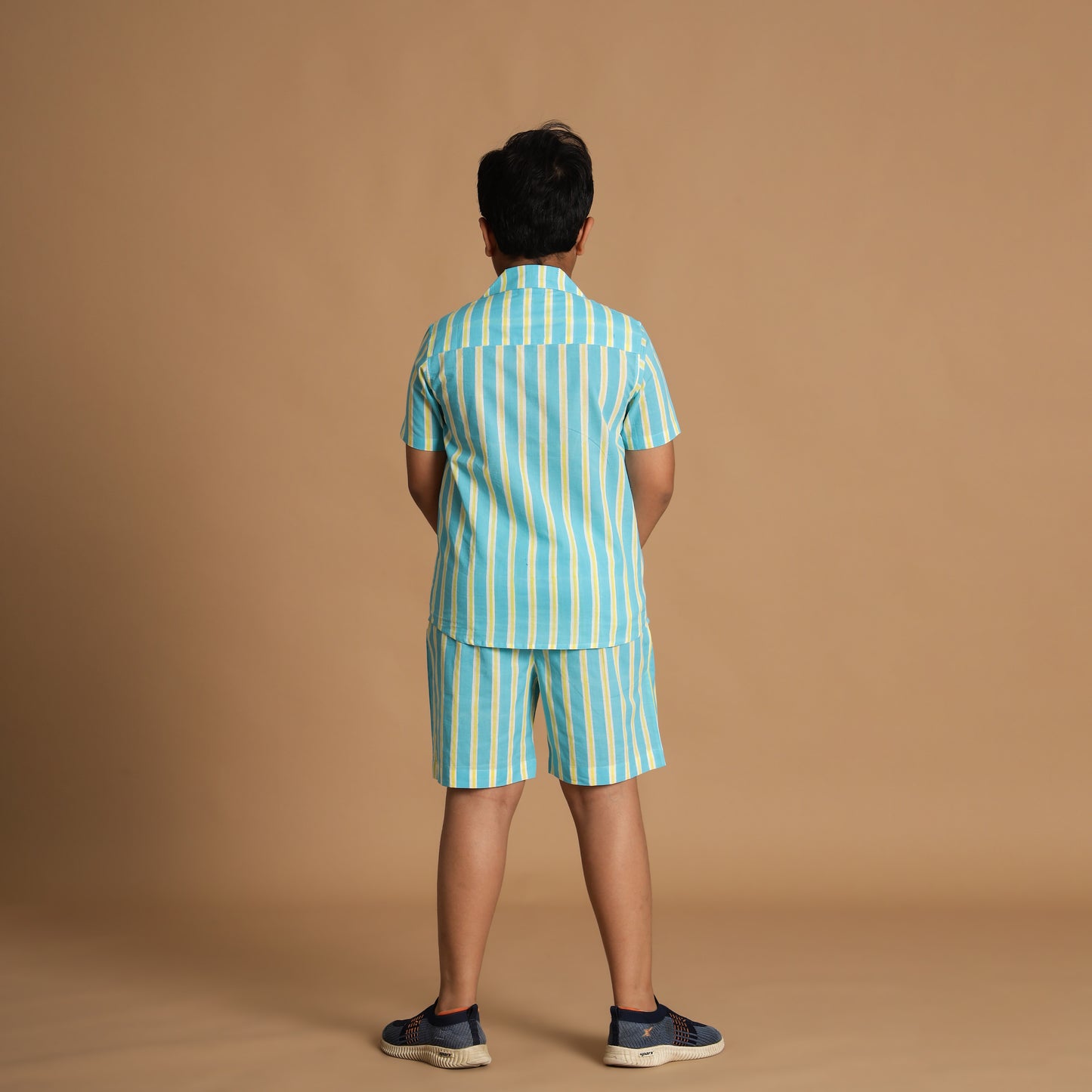 Aqua Stripe Design Hand Block Printed Cotton Half Sleeve Shirt for Boys