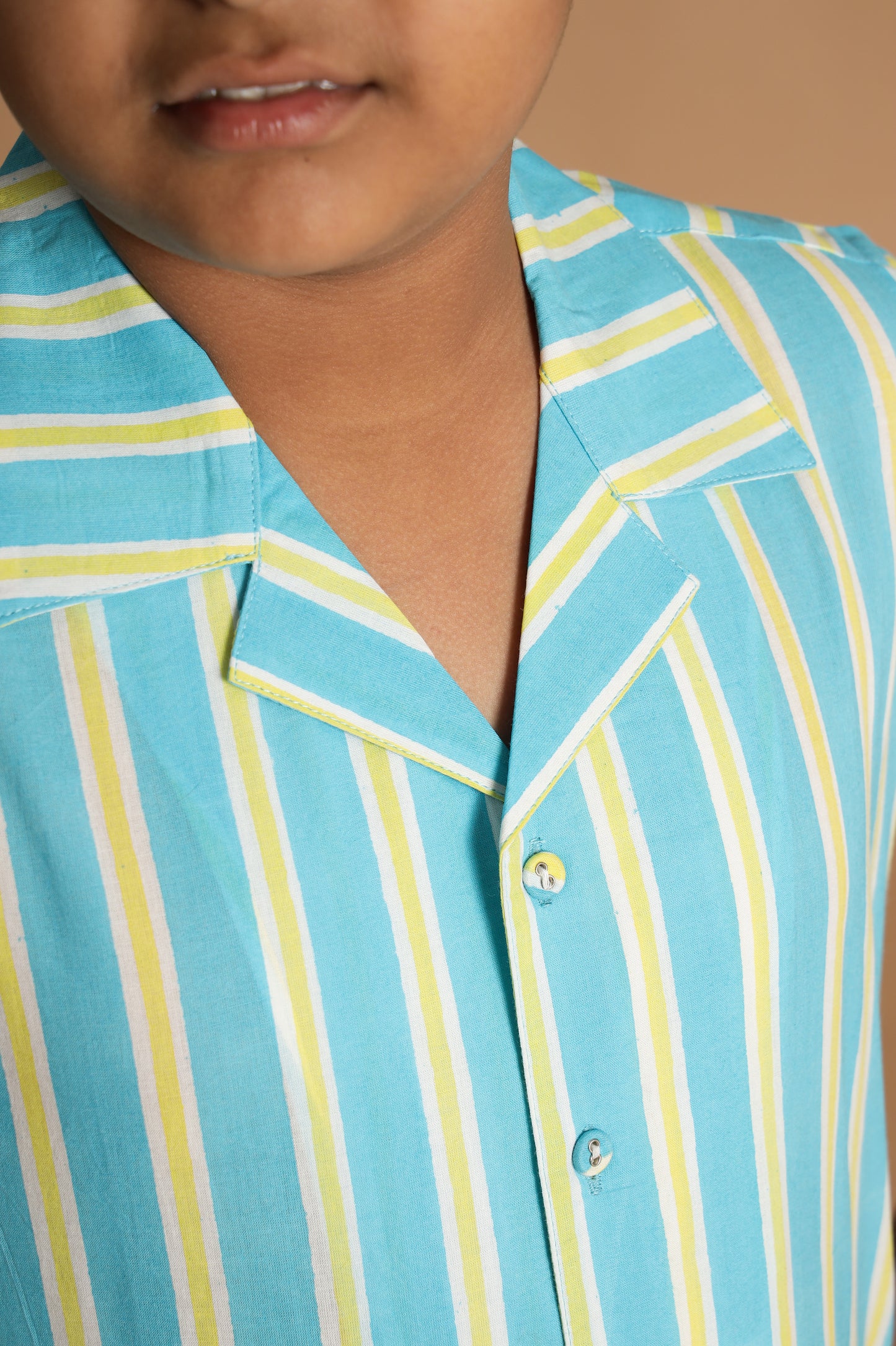 Aqua Stripe Design Hand Block Printed Cotton Half Sleeve Shirt for Boys
