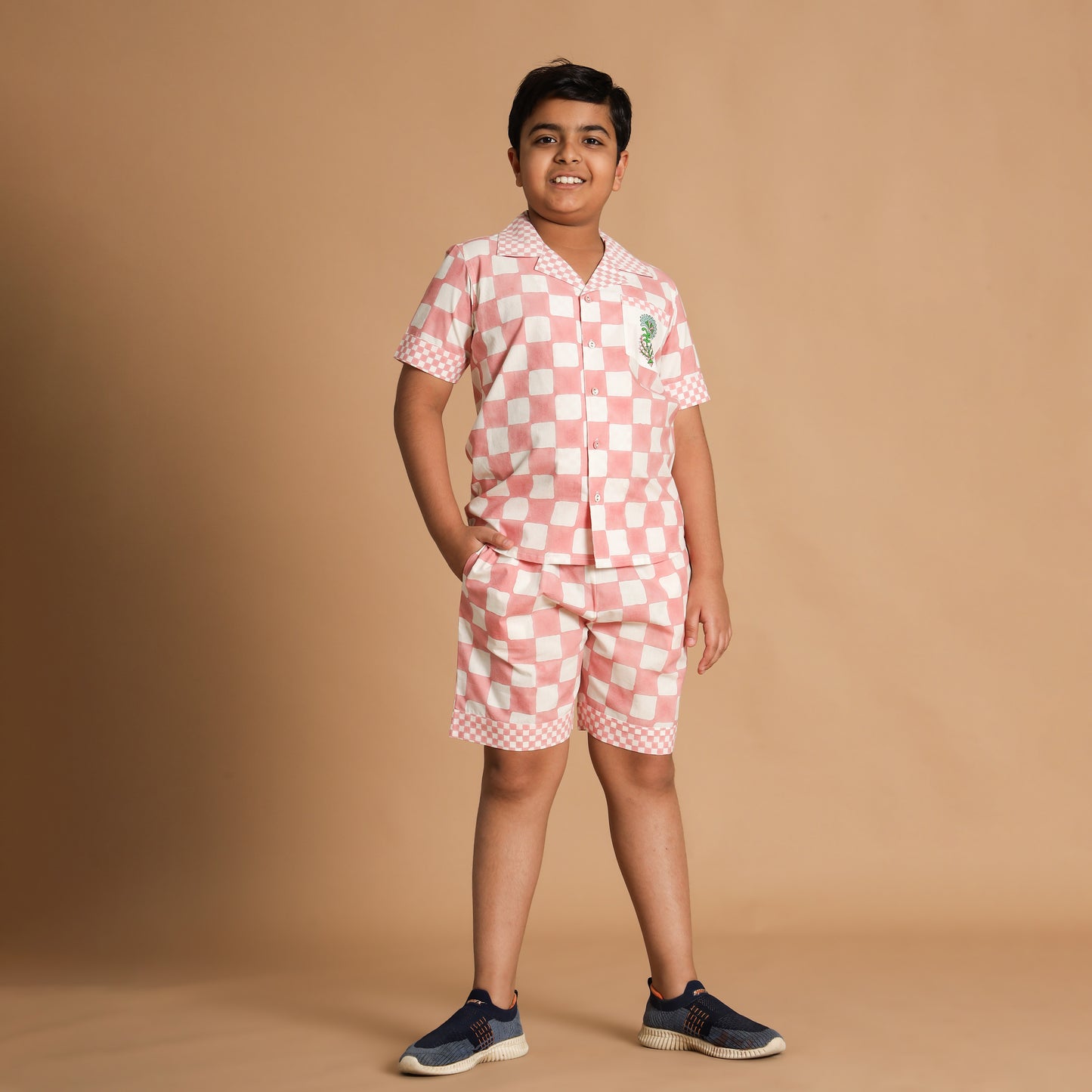 Candy Checks Design Hand Block Printed Cotton Half Sleeve Co-ord Set for Boys