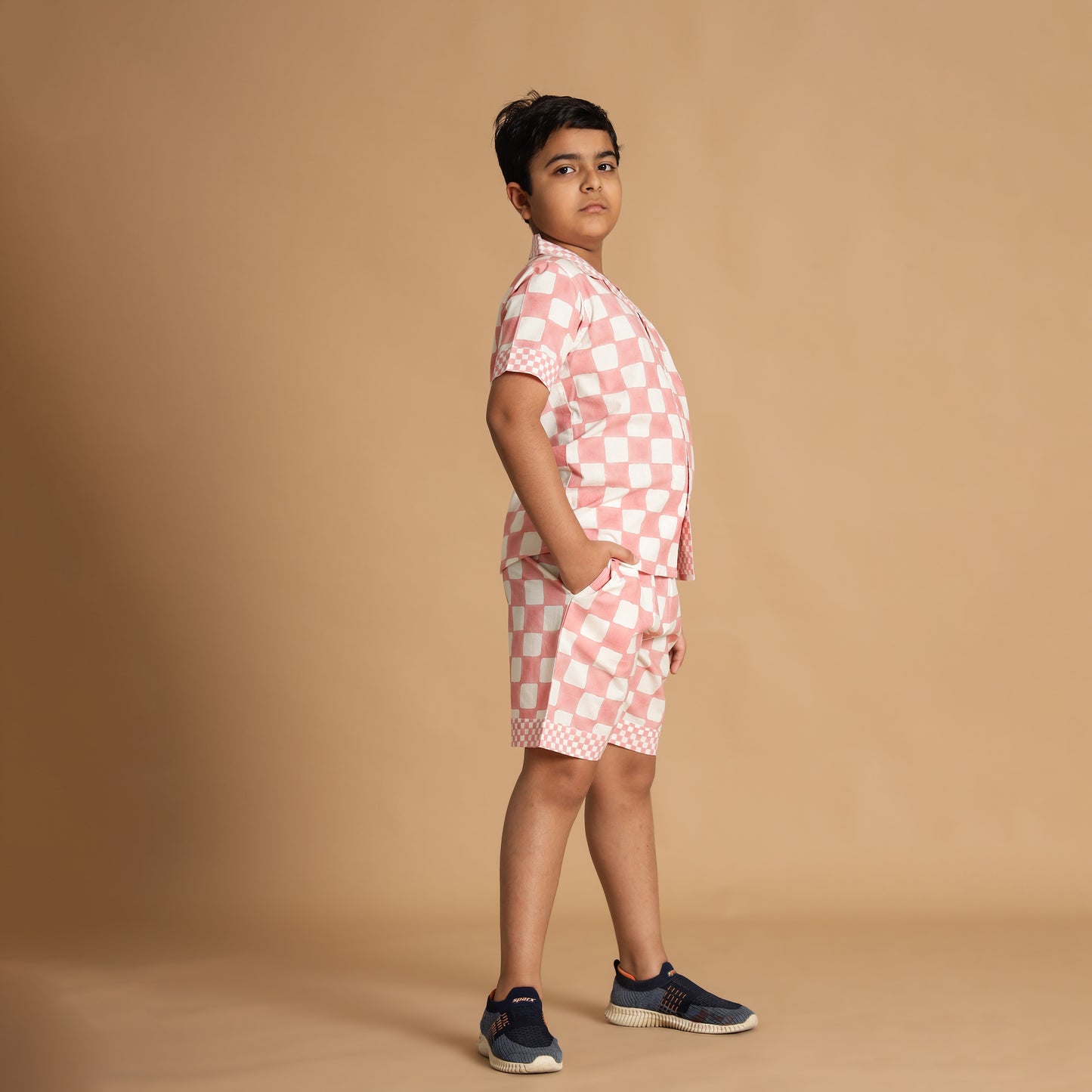 Candy Checks Design Hand Block Printed Cotton Half Sleeve Co-ord Set for Boys