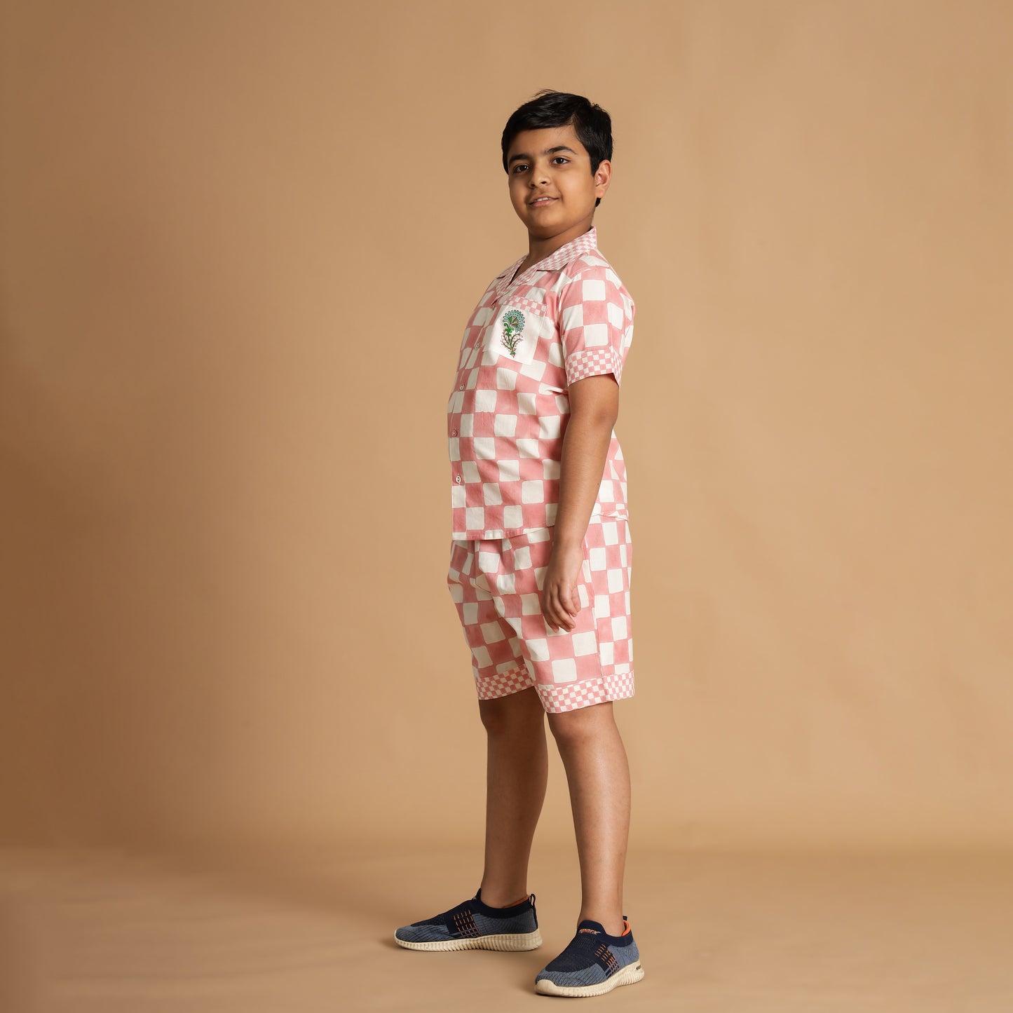 Candy Checks Design Hand Block Printed Cotton Half Sleeve Co-ord Set for Boys