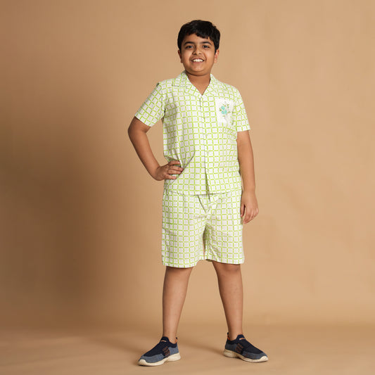 Croc Check Design Hand Block Printed Cotton Half Sleeve Co-ord Set for Boys
