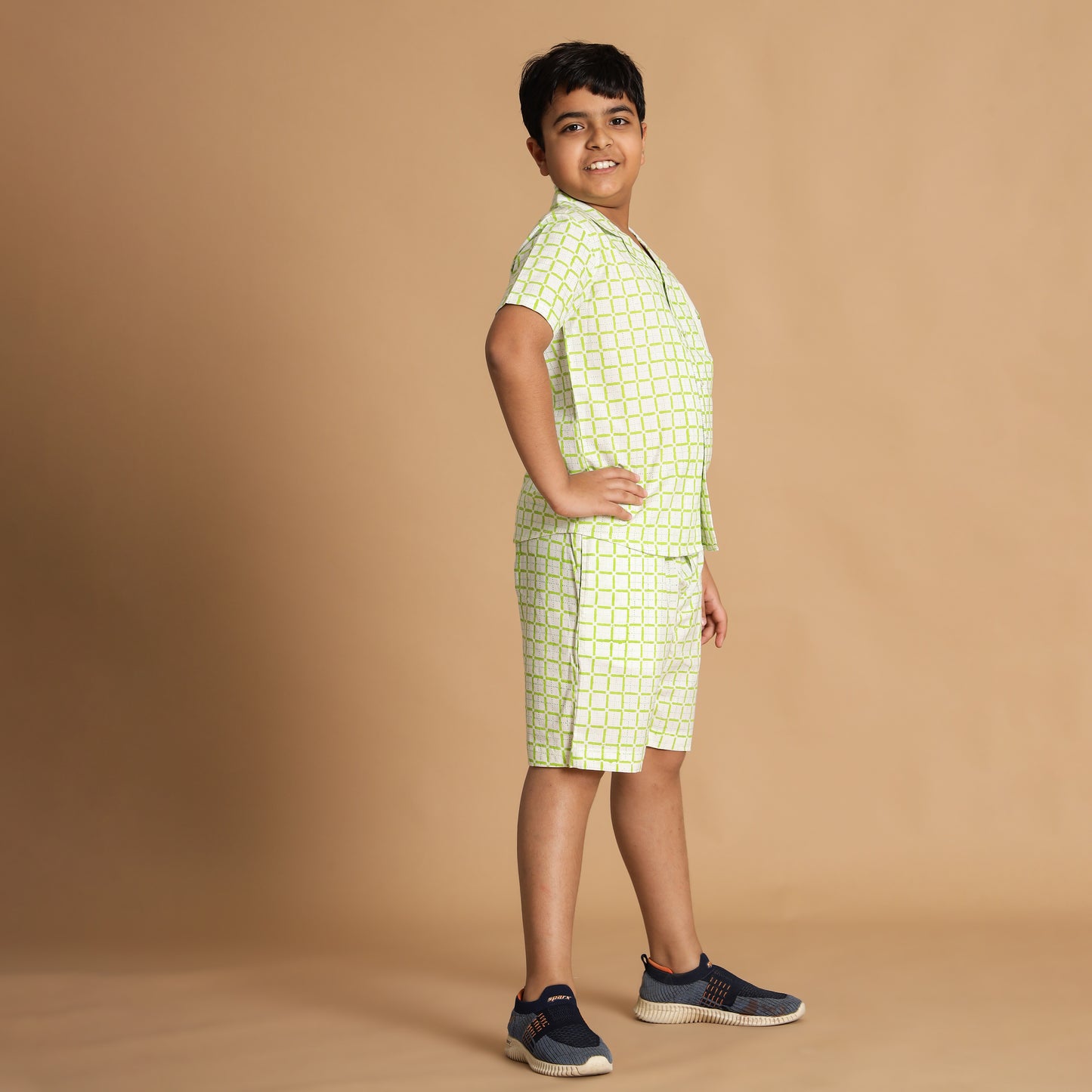 Croc Check Design Hand Block Printed Cotton Half Sleeve Co-ord Set for Boys