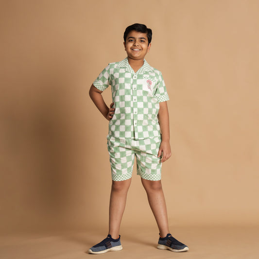 Checkered Design Hand Block Printed Cotton Co-ord Set for Boys