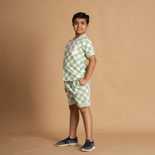 Checkered Design Hand Block Printed Cotton Co-ord Set for Boys