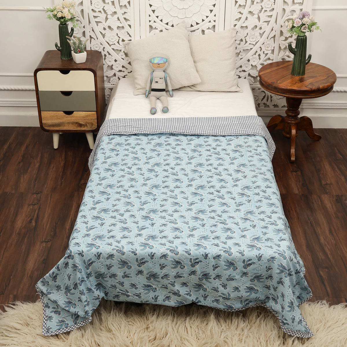 Aqua Wanderer Design Hand Block Printed Cotton Swaddle Blanket