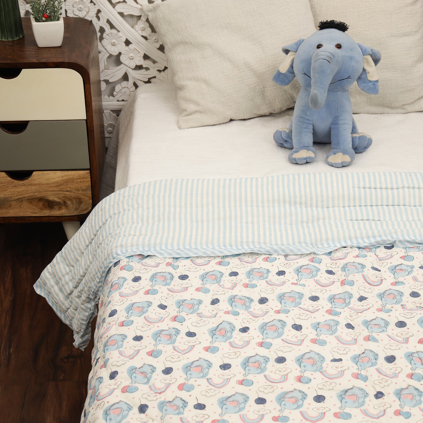 Rainbow Elephants Design Hand Block Printed Cotton Swaddle Blanket