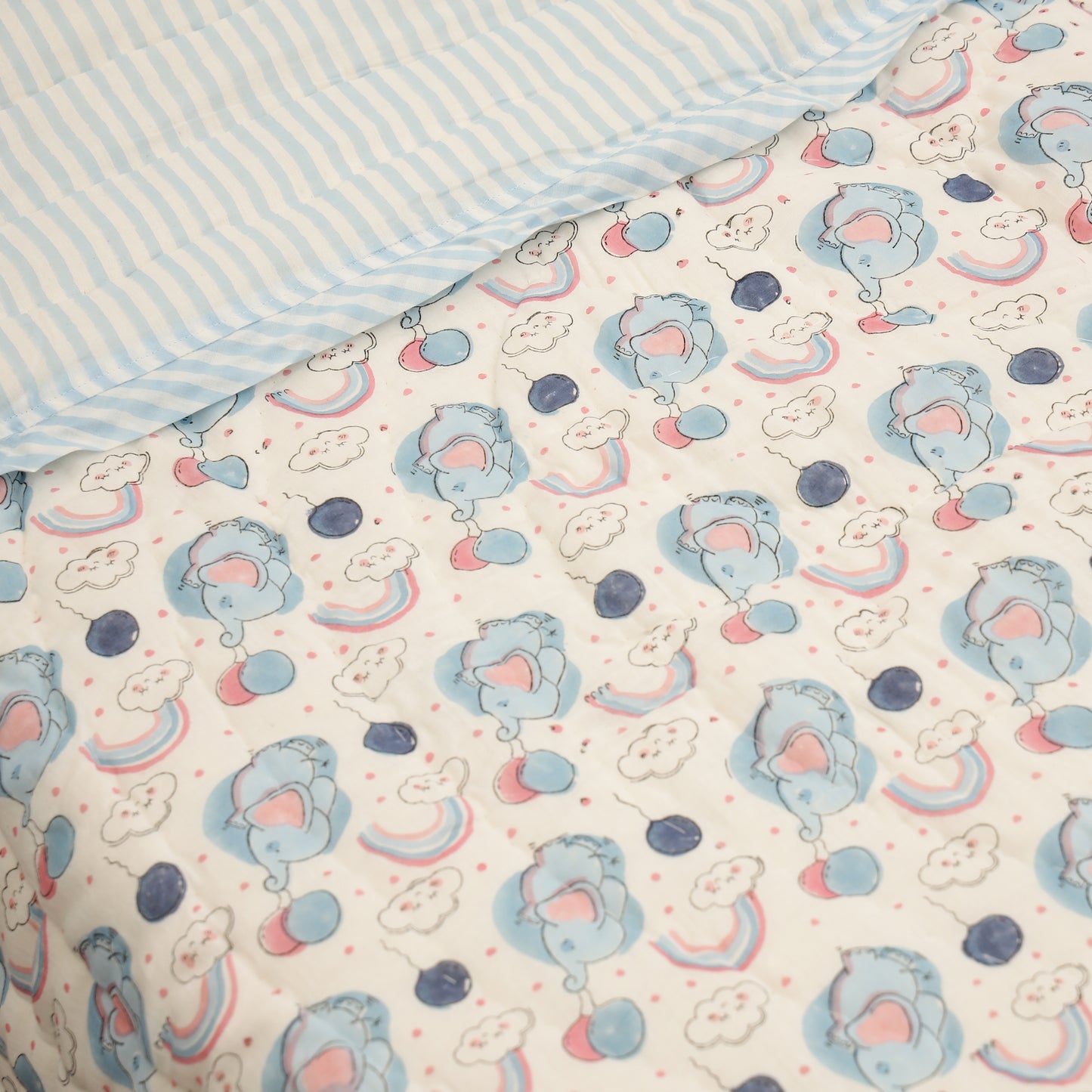 Rainbow Elephants Design Hand Block Printed Cotton Swaddle Blanket