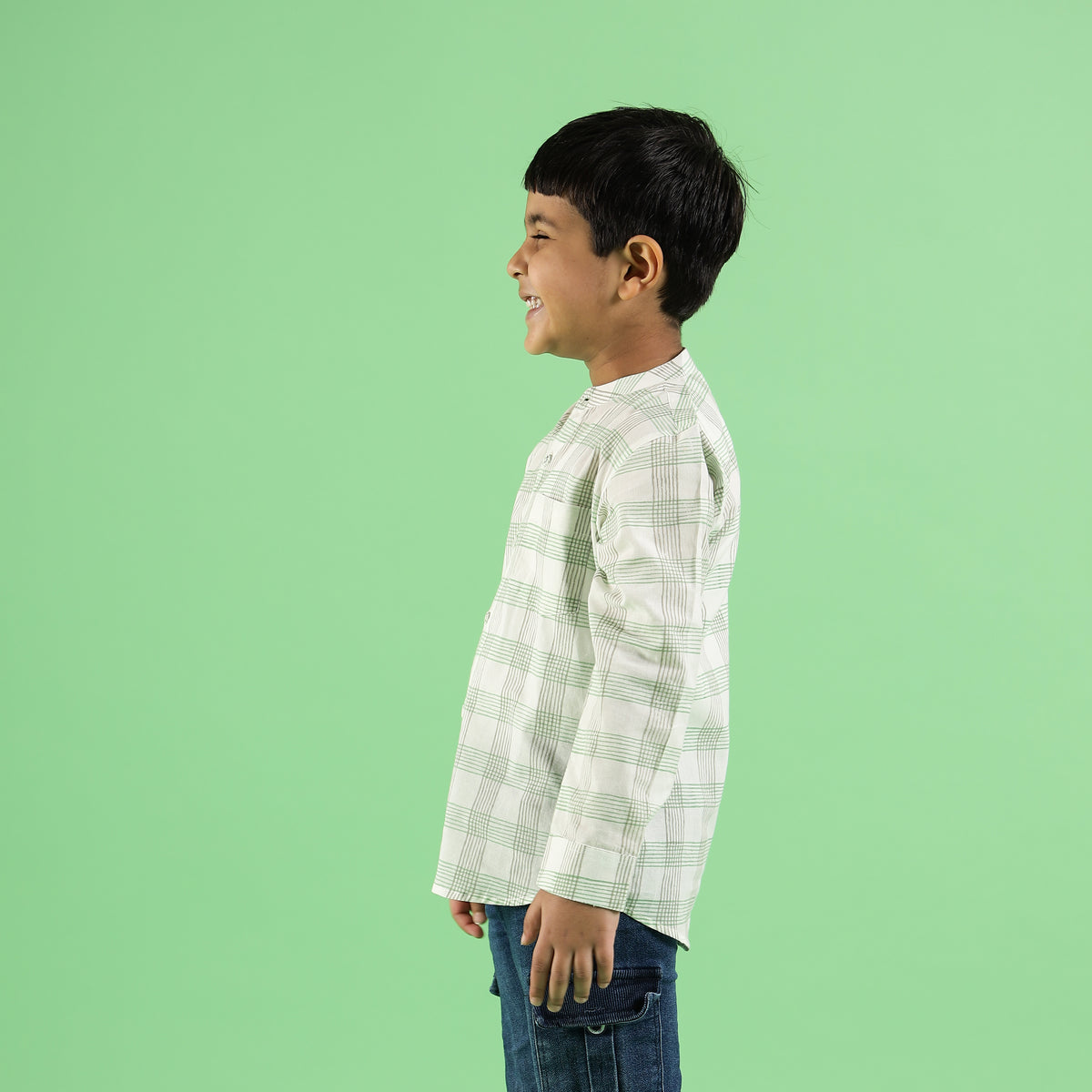 Mint Checks Printed Design Hand Block Printed Cotton Full Sleeve Shirt for Boys – Sanganeri Kids Wear