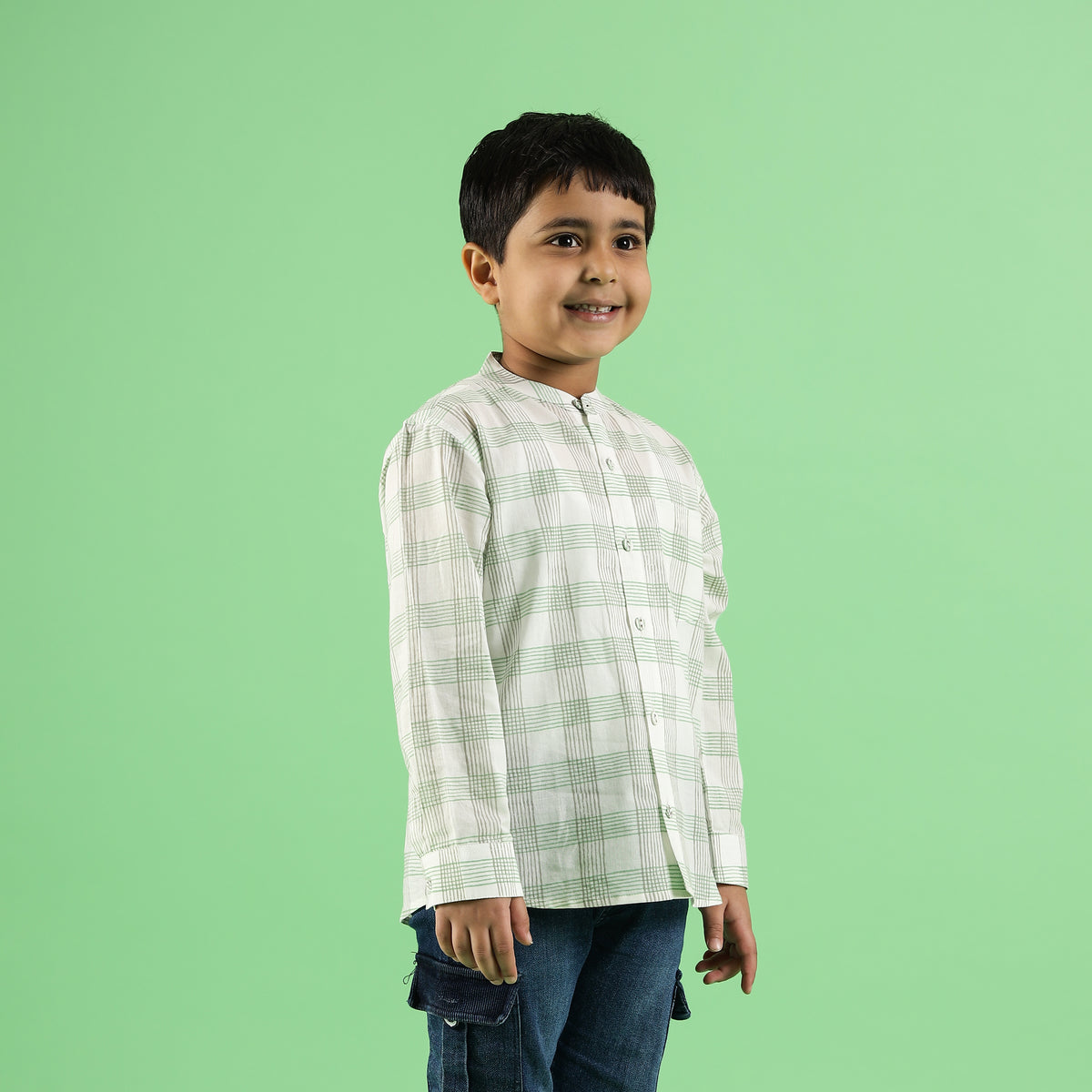 Mint Checks Printed Design Hand Block Printed Cotton Full Sleeve Shirt for Boys – Sanganeri Kids Wear