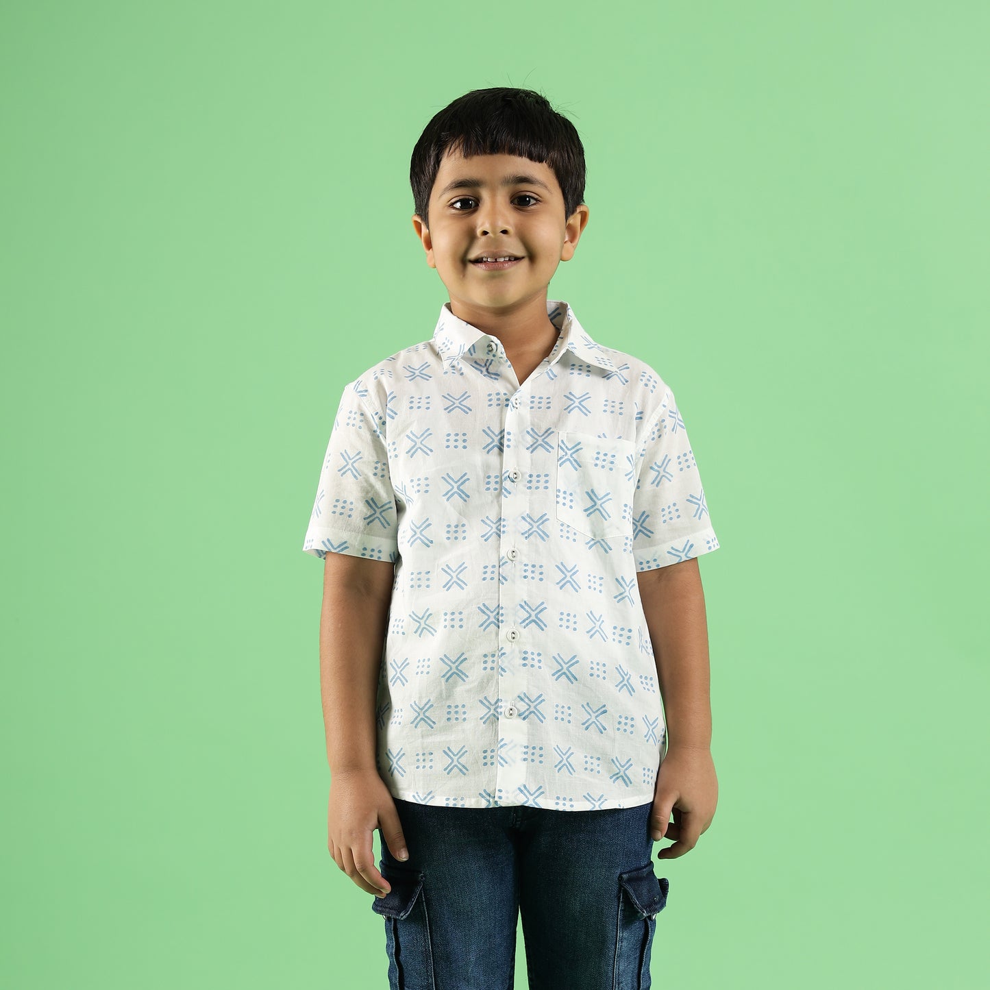 Geometric Pattern Design Hand Block Printed Cotton Half Sleeve Shirt for Boys – Sanganeri Kids Wear