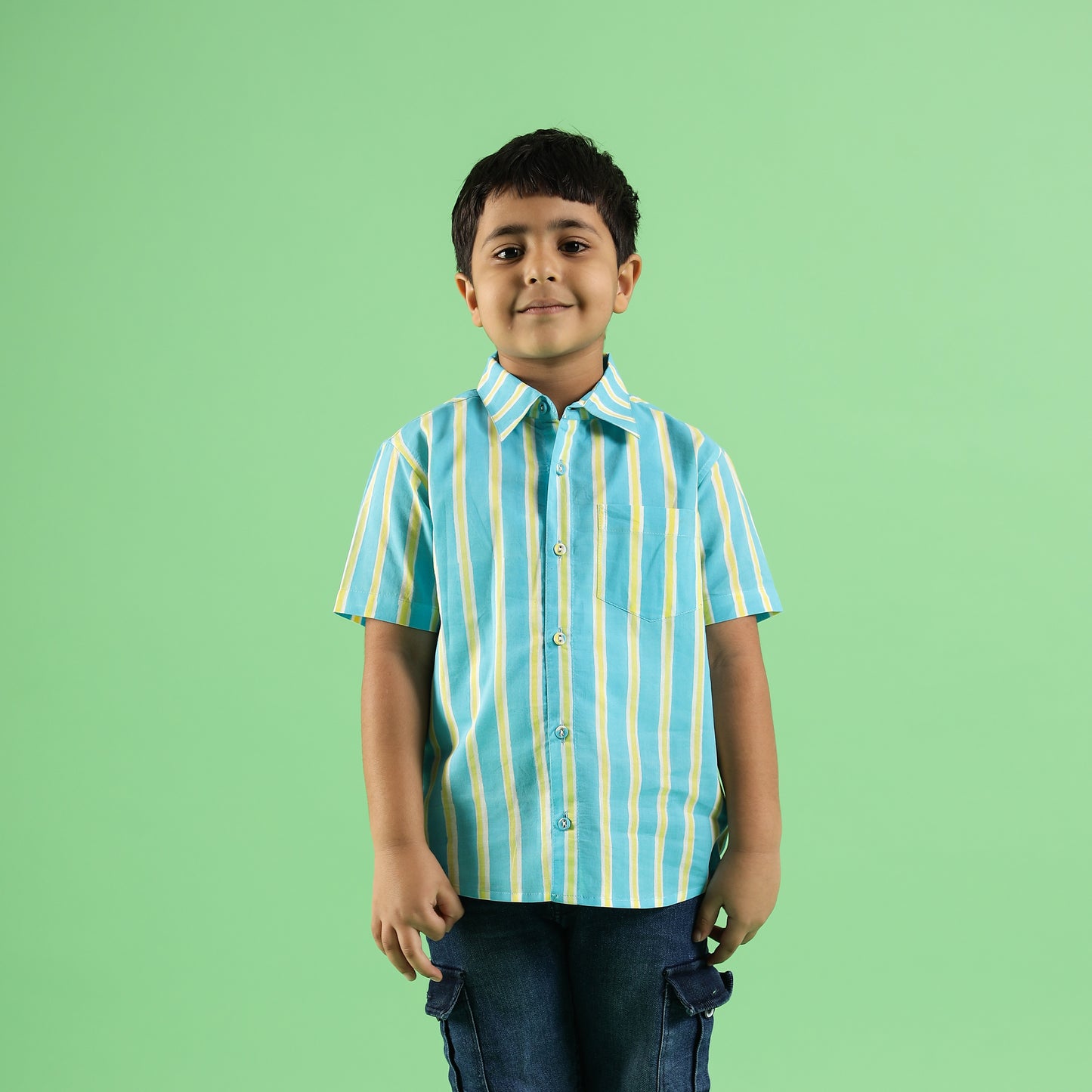 Aqua Stripe Design Hand Block Printed Cotton Half Sleeve Shirt for Boys – Sanganeri Kids Wear
