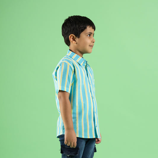 Aqua Stripe Design Hand Block Printed Cotton Half Sleeve Shirt for Boys – Sanganeri Kids Wear