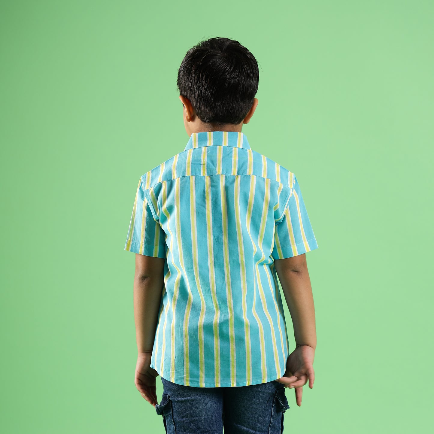Aqua Stripe Design Hand Block Printed Cotton Half Sleeve Shirt for Boys – Sanganeri Kids Wear