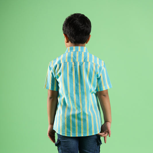 Aqua Stripe Design Hand Block Printed Cotton Half Sleeve Shirt for Boys – Sanganeri Kids Wear