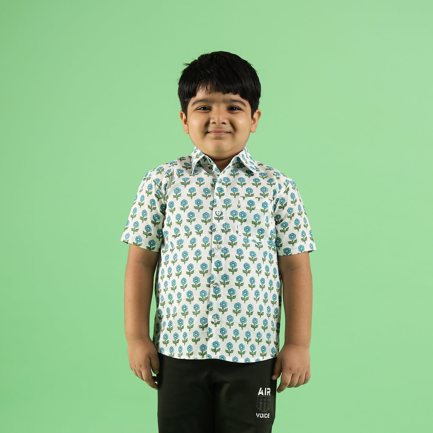 Aqua Flower Organic Design Hand Block Printed Cotton Half Sleeve Shirt for Boys – Sanganeri Kids Wear