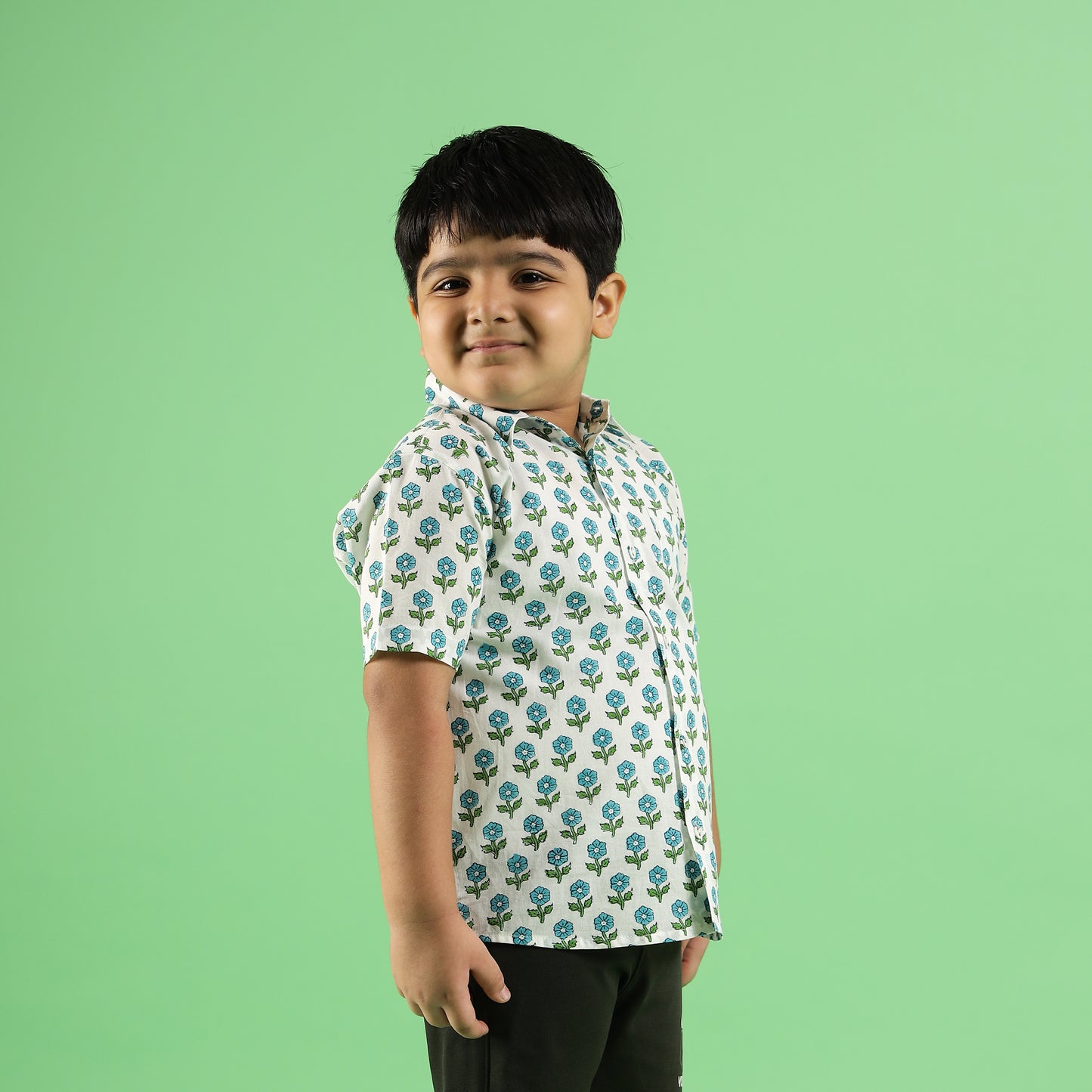 Aqua Flower Organic Design Hand Block Printed Cotton Half Sleeve Shirt for Boys – Sanganeri Kids Wear