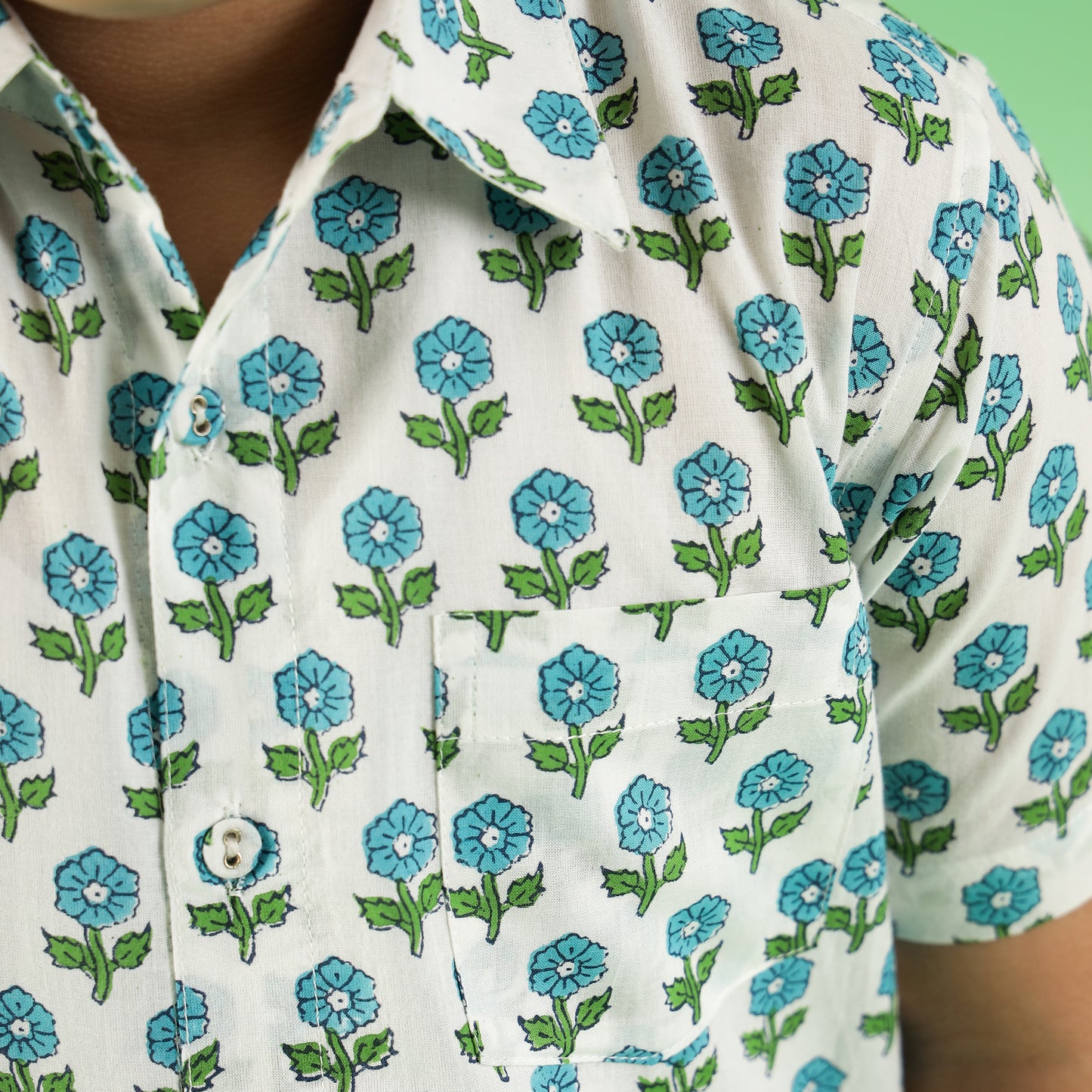 Aqua Flower Organic Design Hand Block Printed Cotton Half Sleeve Shirt for Boys – Sanganeri Kids Wear