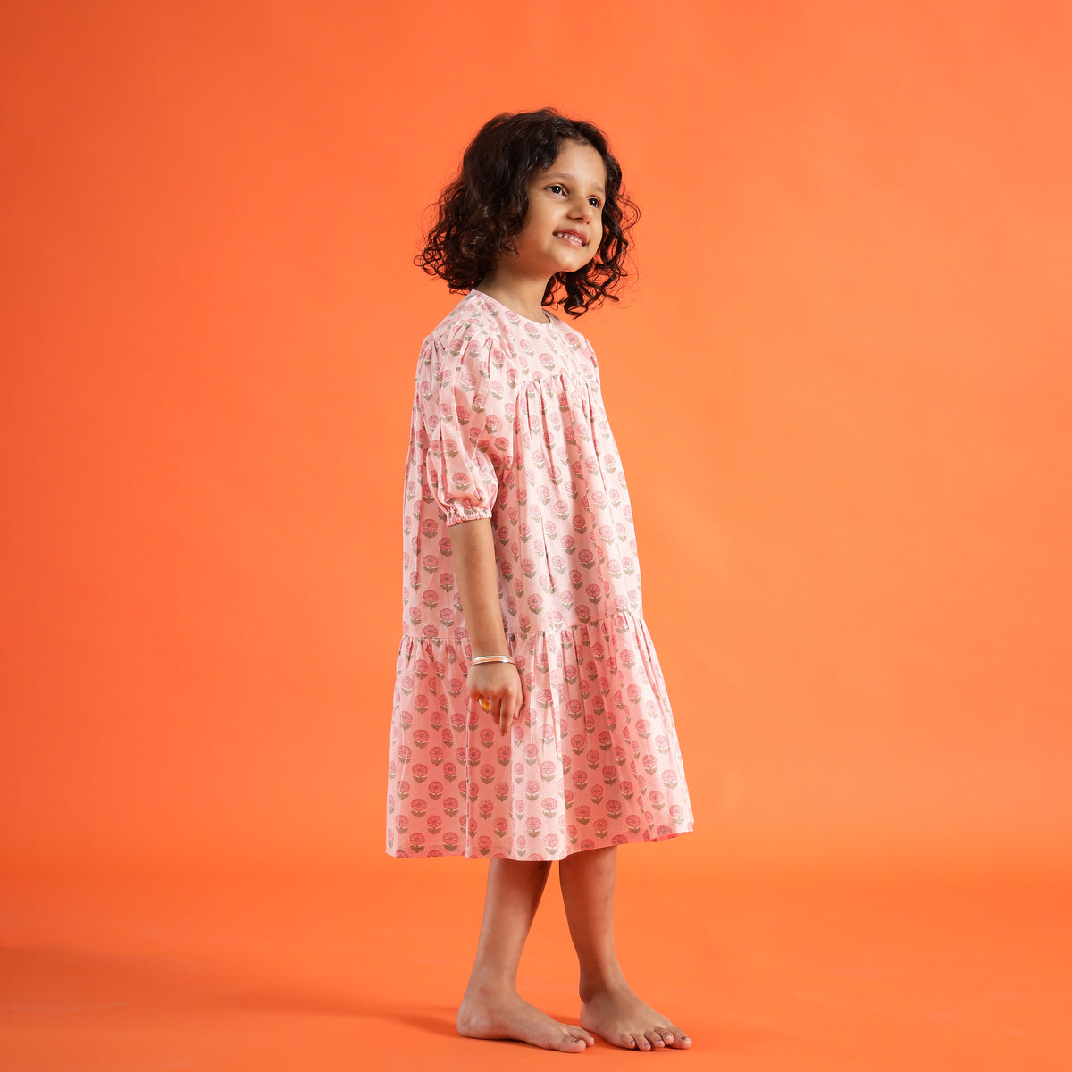 Garden Rose Organic Design Hand Block Printed Cotton Tiered Dress for Girls