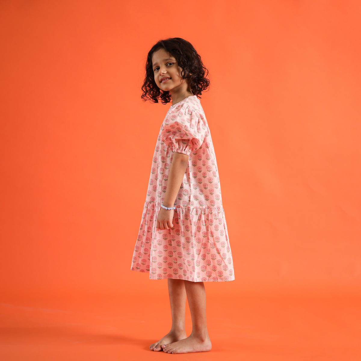 Garden Rose Organic Design Hand Block Printed Cotton Tiered Dress for Girls