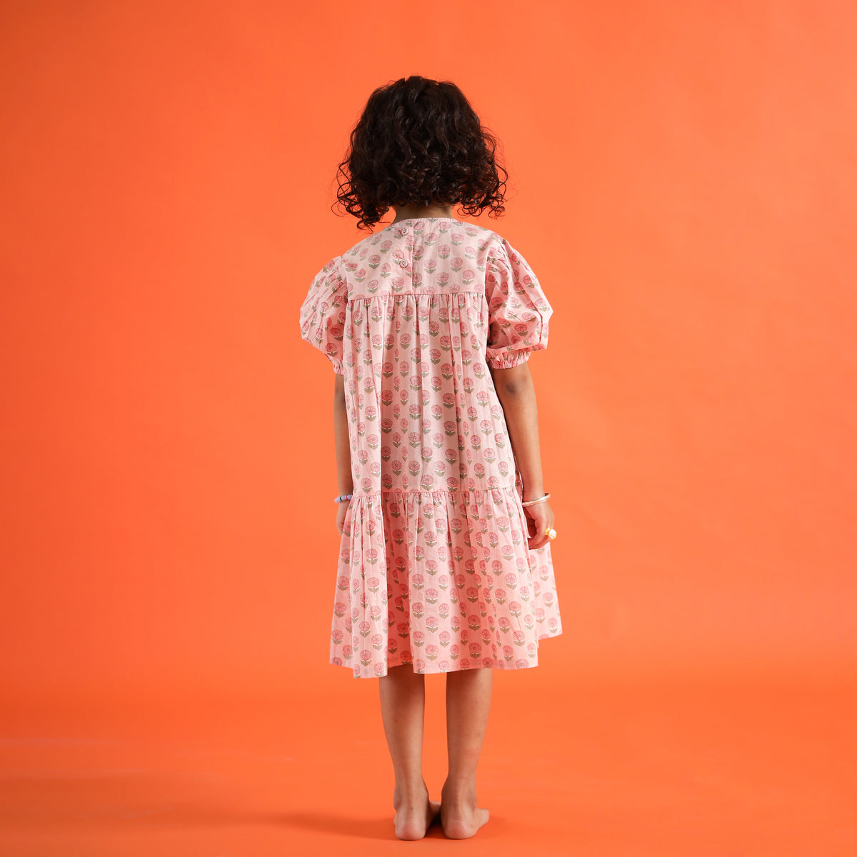 Garden Rose Organic Design Hand Block Printed Cotton Tiered Dress for Girls