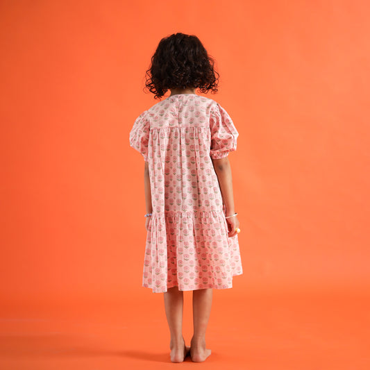 Garden Rose Organic Design Hand Block Printed Cotton Tiered Dress for Girls