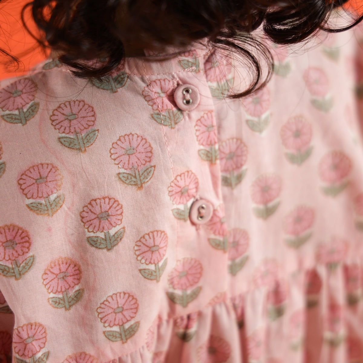 Garden Rose Organic Design Hand Block Printed Cotton Tiered Dress for Girls